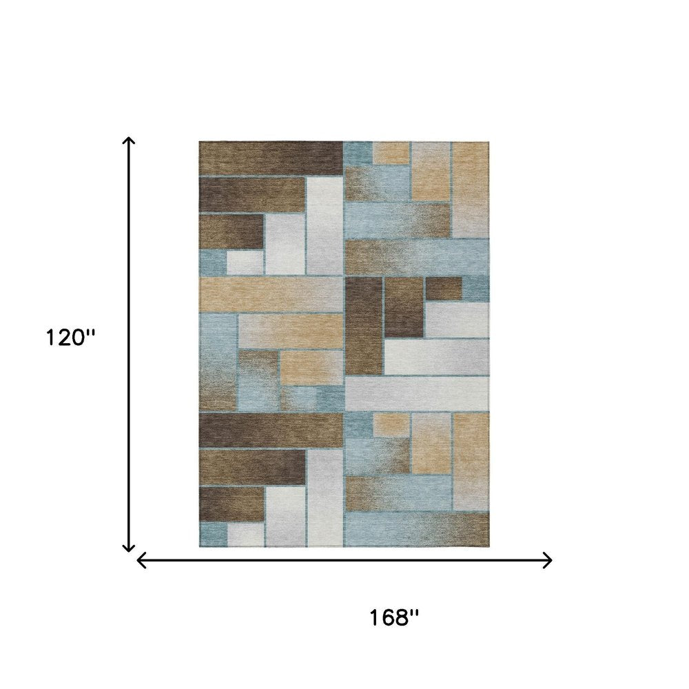 10' X 14' Teal Blue And Gold Geometric Washable Indoor Outdoor Area Rug HomeRoots