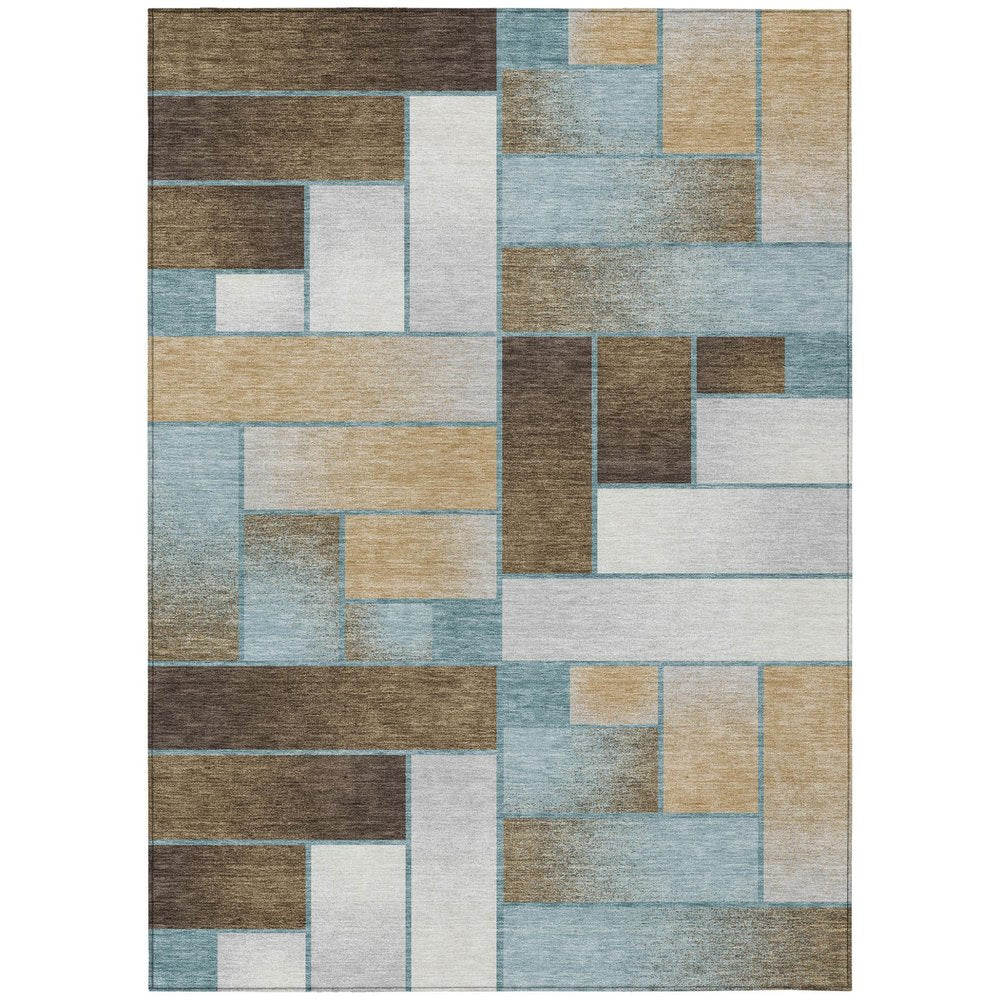 10' X 14' Teal Blue And Gold Geometric Washable Indoor Outdoor Area Rug — view 1