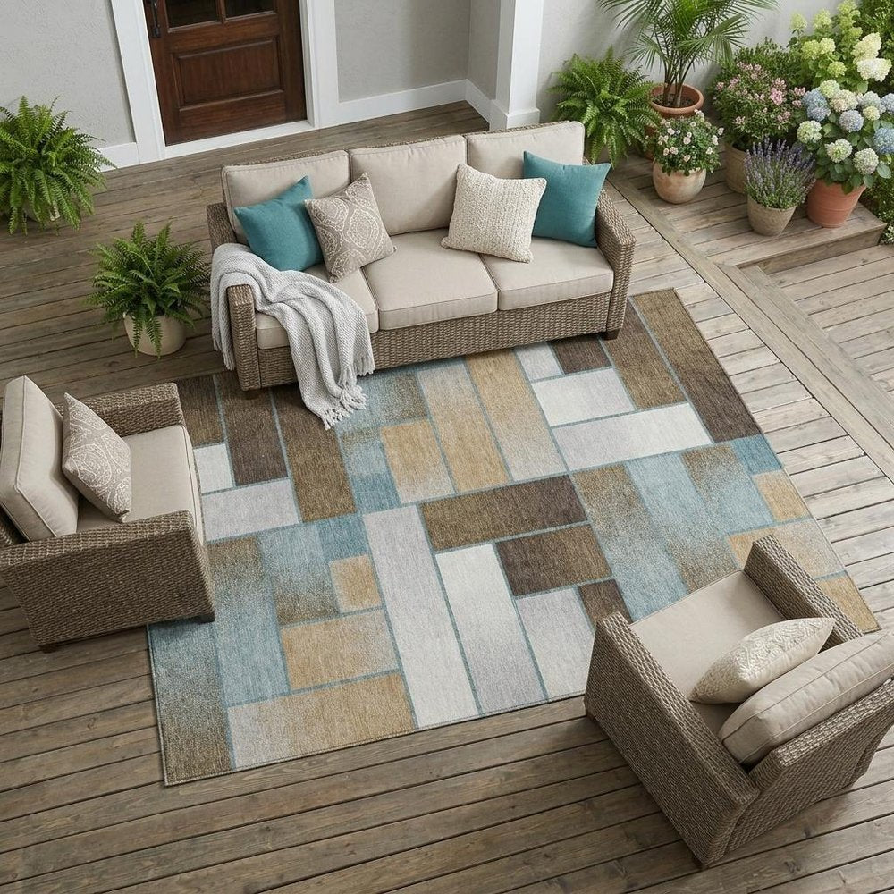 10' X 14' Teal Blue And Gold Geometric Washable Indoor Outdoor Area Rug HomeRoots