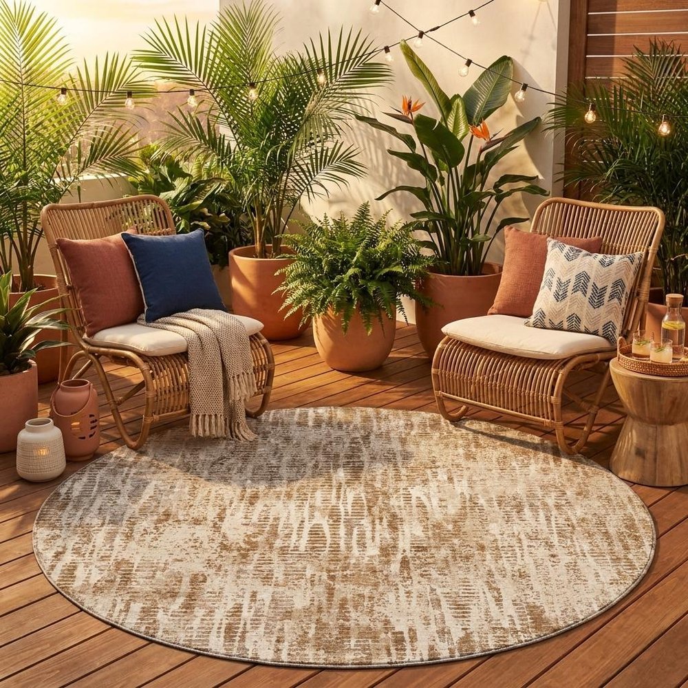 8' Beige And Brown Round Abstract Washable Indoor Outdoor Area Rug HomeRoots