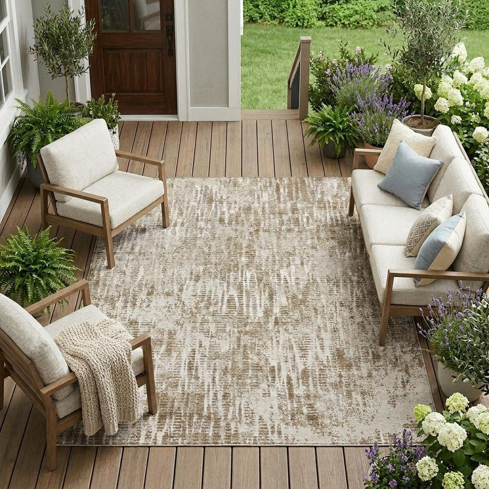 9' X 12' Beige And Brown Abstract Washable Indoor Outdoor Area Rug — view 5
