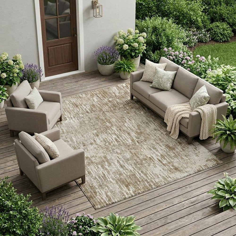 10' X 14' Beige And Brown Abstract Washable Indoor Outdoor Area Rug