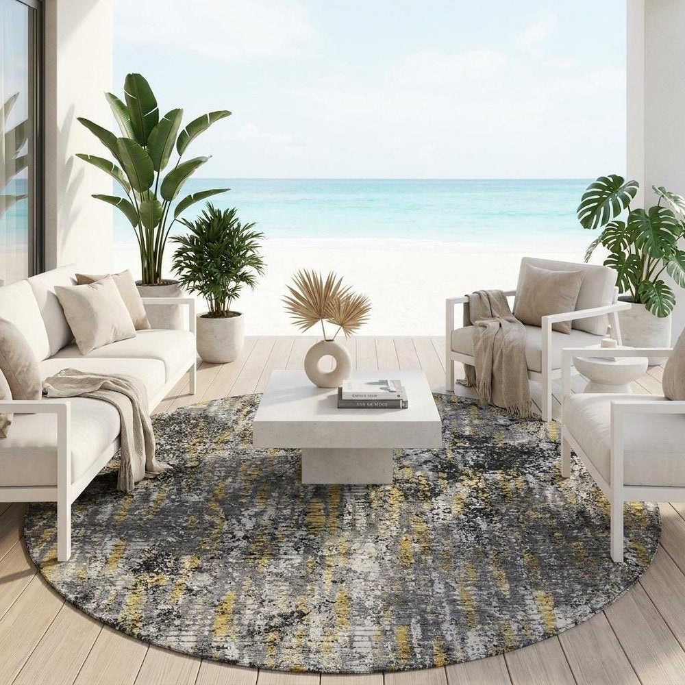 8' Black And Taupe Round Abstract Washable Indoor Outdoor Area Rug — view 5