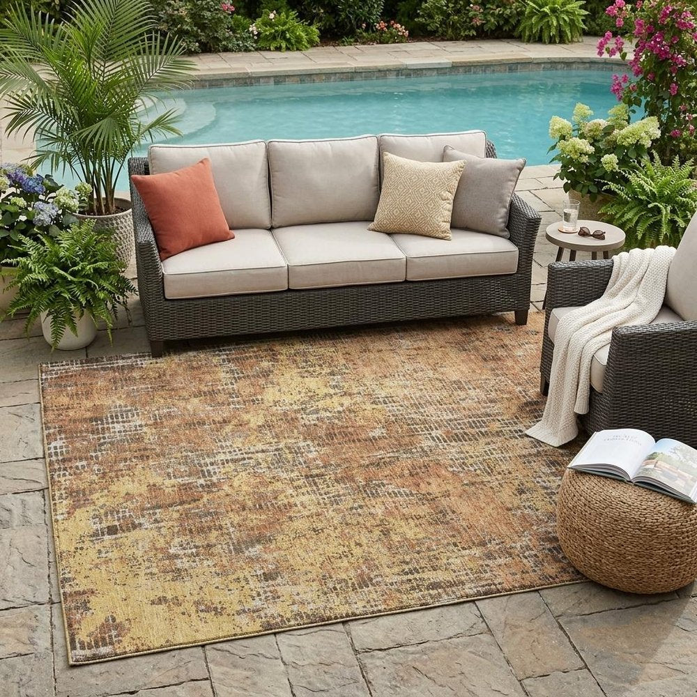 5' X 8' Copper And Ivory Abstract Washable Indoor Outdoor Area Rug — view 5