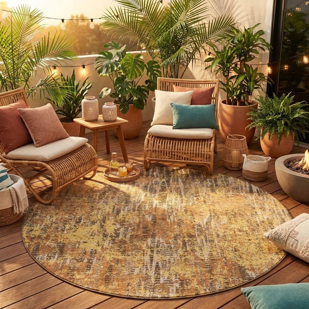 8' Copper And Ivory Round Abstract Washable Indoor Outdoor Area Rug — view 5