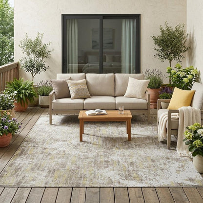 5' X 8' Ivory And Blue Abstract Washable Indoor Outdoor Area Rug