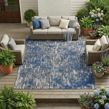 9' X 12' Navy Blue And Khaki Abstract Washable Indoor Outdoor Area Rug