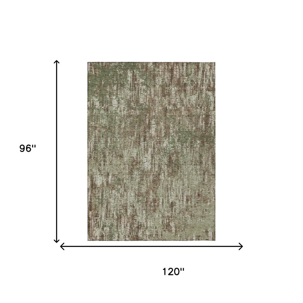 8' X 10' Olive Green And Graphite Abstract Washable Indoor Outdoor Area Rug