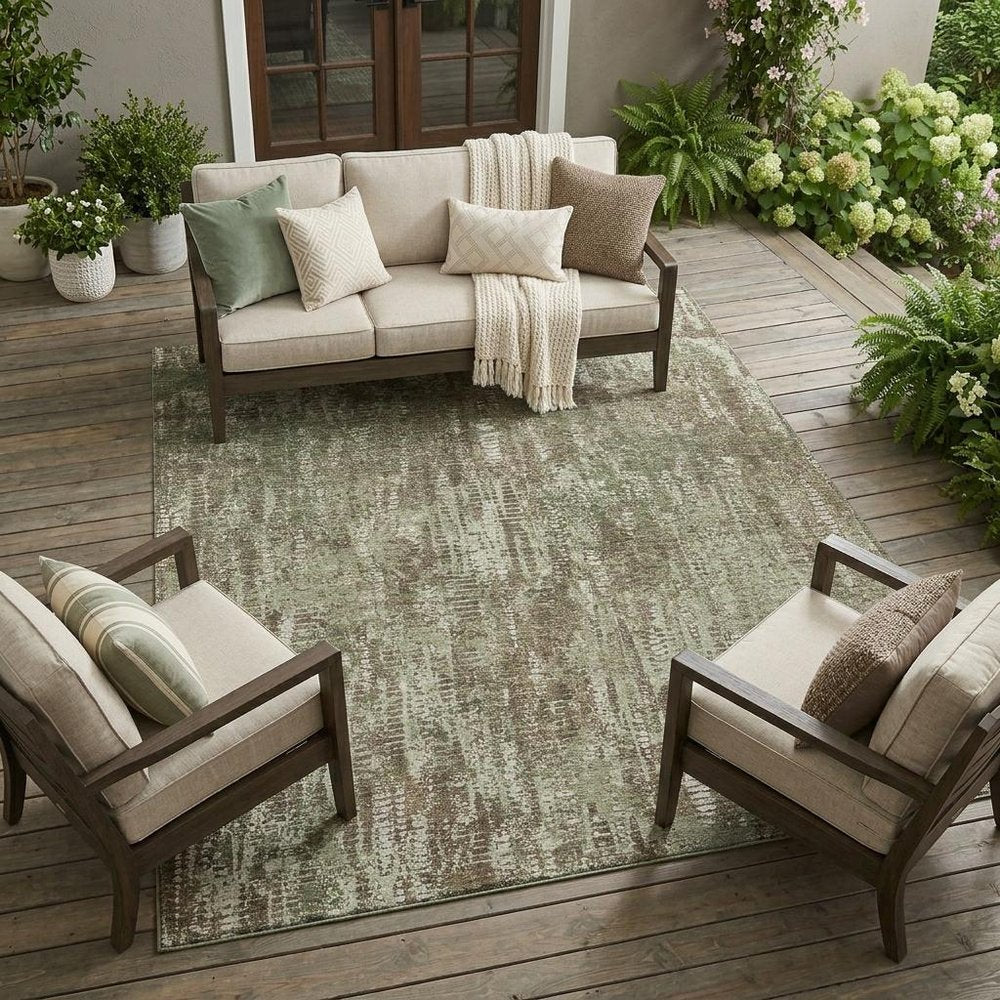 8' X 10' Olive Green And Graphite Abstract Washable Indoor Outdoor Area Rug