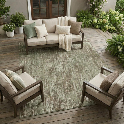 8' X 10' Olive Green And Graphite Abstract Washable Indoor Outdoor Area Rug