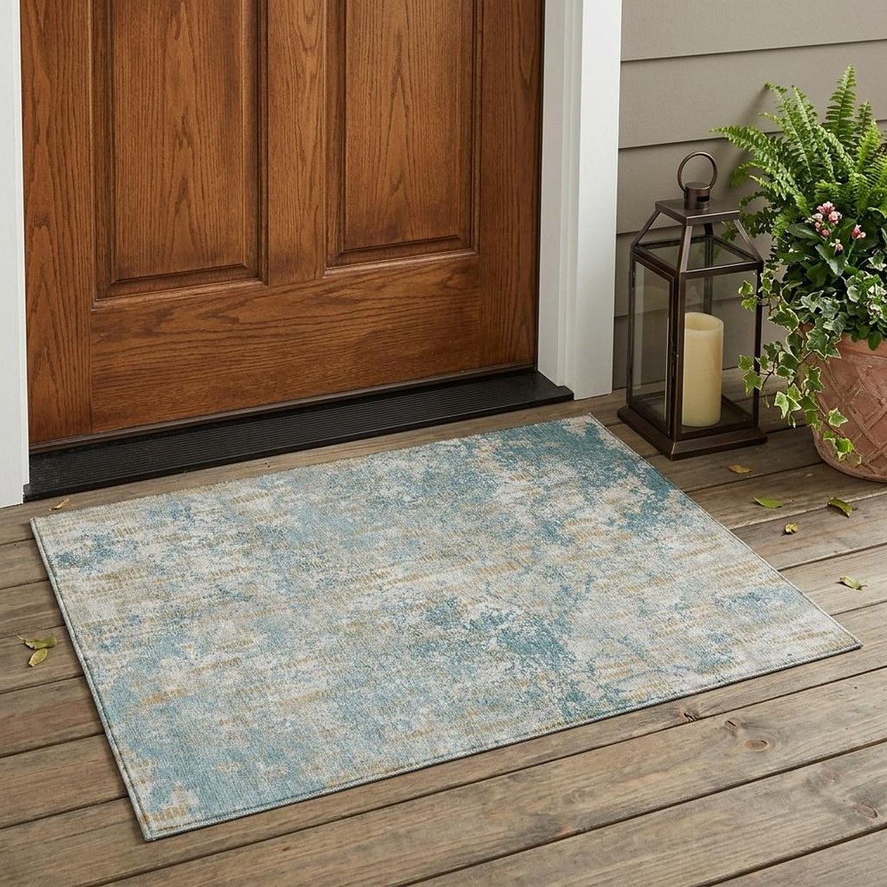 3' X 5' Teal Blue And Linen Abstract Washable Indoor Outdoor Area Rug — view 5