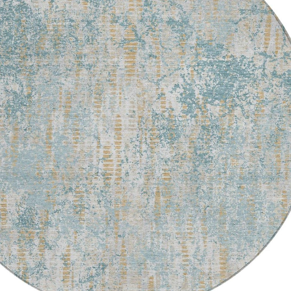 8' Teal Blue And Linen Round Abstract Washable Indoor Outdoor Area Rug HomeRoots