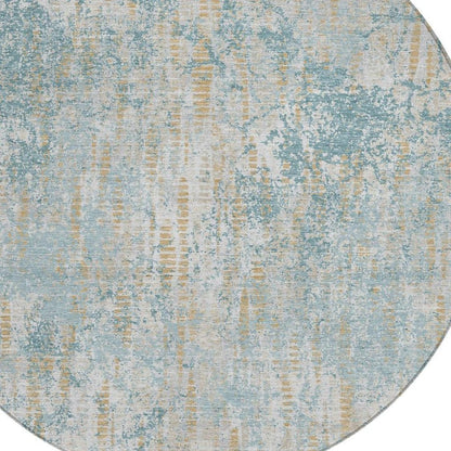 8' Teal Blue And Linen Round Abstract Washable Indoor Outdoor Area Rug HomeRoots