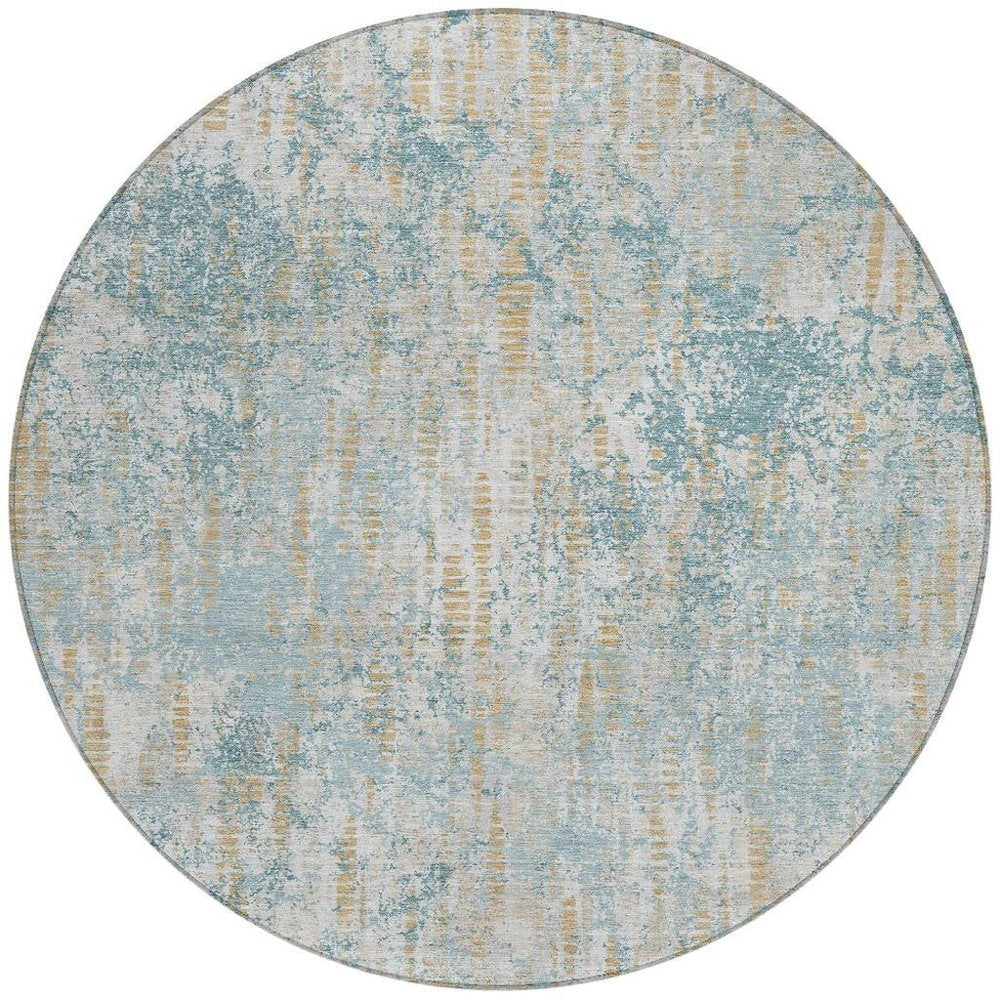 8' Teal Blue And Linen Round Abstract Washable Indoor Outdoor Area Rug HomeRoots