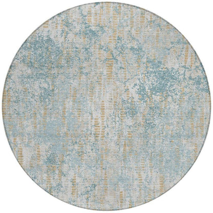 8' Teal Blue And Linen Round Abstract Washable Indoor Outdoor Area Rug HomeRoots