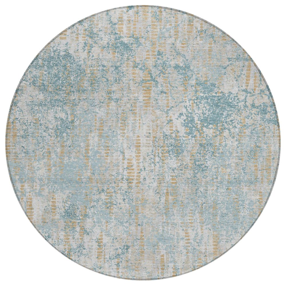 8' Teal Blue And Linen Round Abstract Washable Indoor Outdoor Area Rug HomeRoots