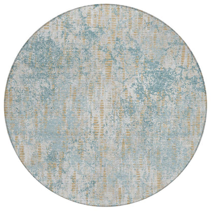 8' Teal Blue And Linen Round Abstract Washable Indoor Outdoor Area Rug HomeRoots