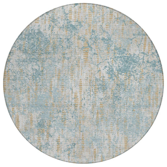 8' Teal Blue And Linen Round Abstract Washable Indoor Outdoor Area Rug