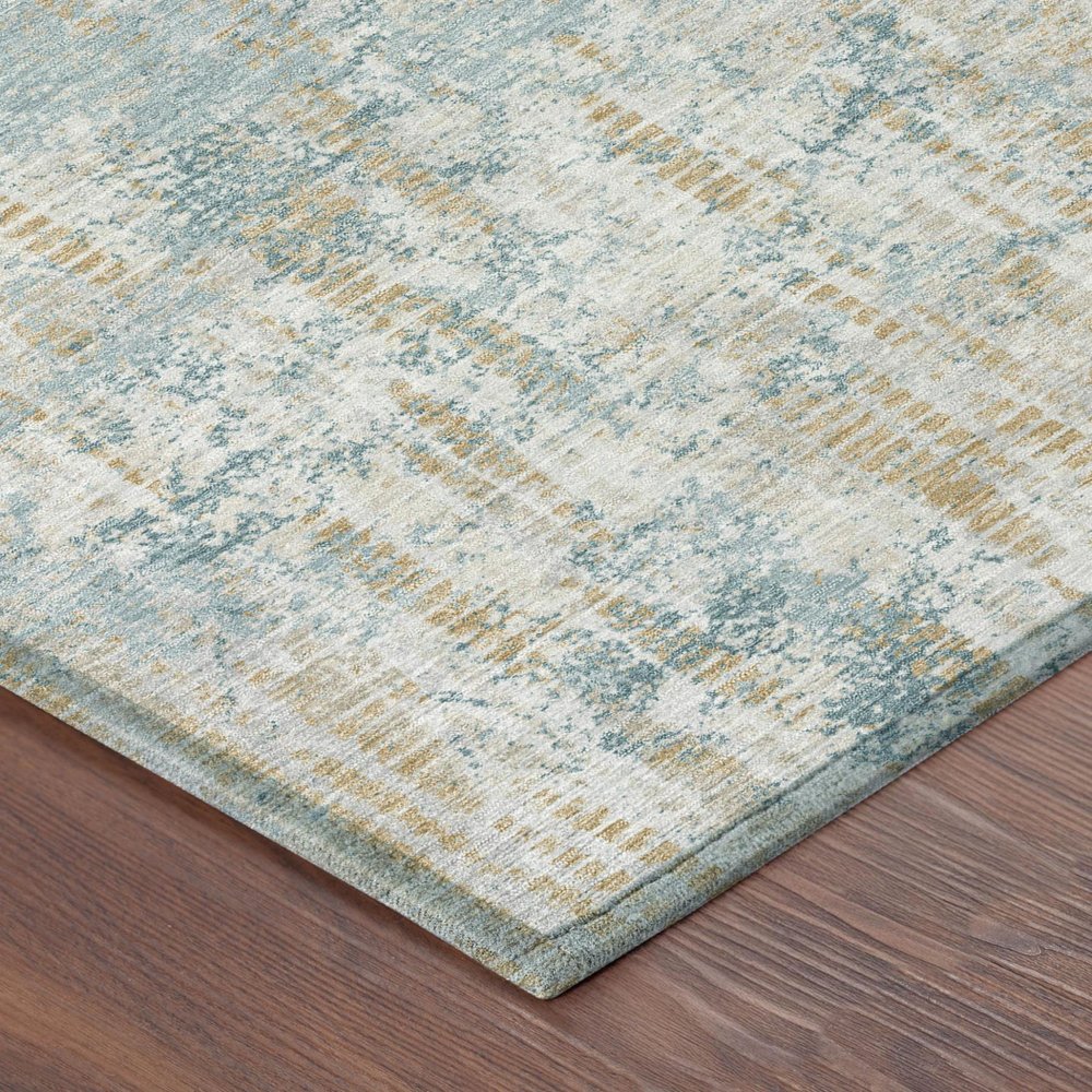8' Teal Blue And Linen Round Abstract Washable Indoor Outdoor Area Rug — view 2