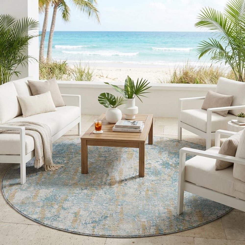 8' Teal Blue And Linen Round Abstract Washable Indoor Outdoor Area Rug — view 5