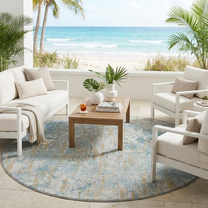 8' Teal Blue And Linen Round Abstract Washable Indoor Outdoor Area Rug HomeRoots