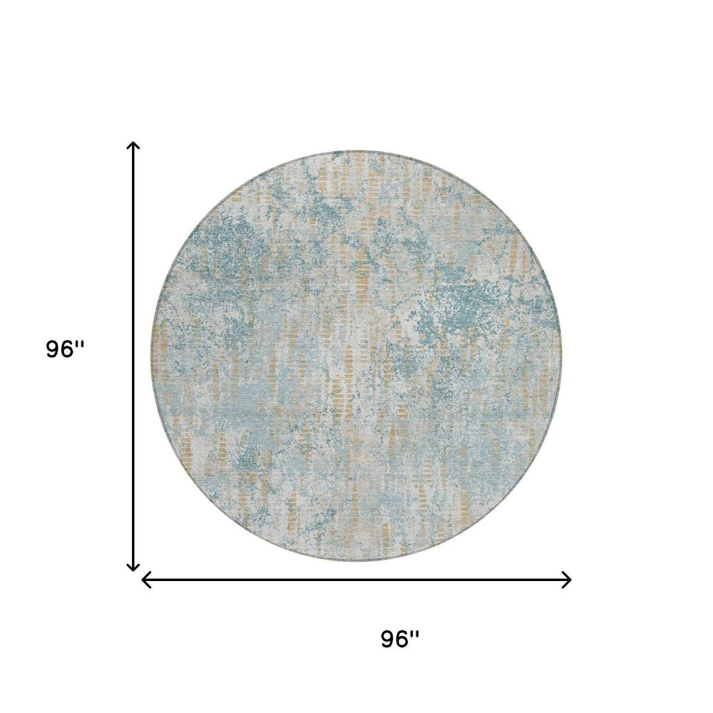 8' Teal Blue And Linen Round Abstract Washable Indoor Outdoor Area Rug HomeRoots