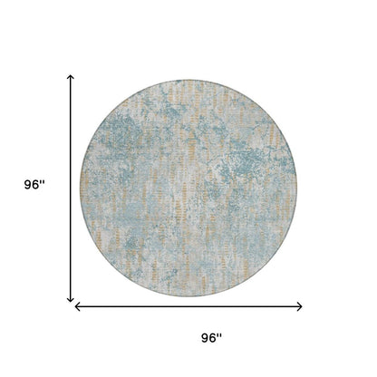 8' Teal Blue And Linen Round Abstract Washable Indoor Outdoor Area Rug HomeRoots