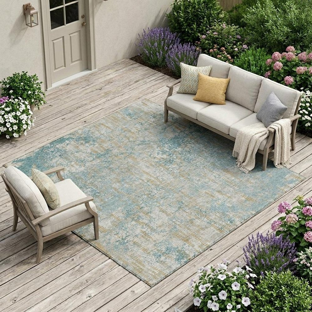 10' X 14' Teal Blue And Linen Abstract Washable Indoor Outdoor Area Rug HomeRoots