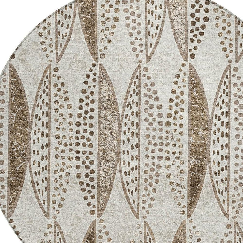 8' Beige And Blue Round Geometric Washable Indoor Outdoor Area Rug — view 6