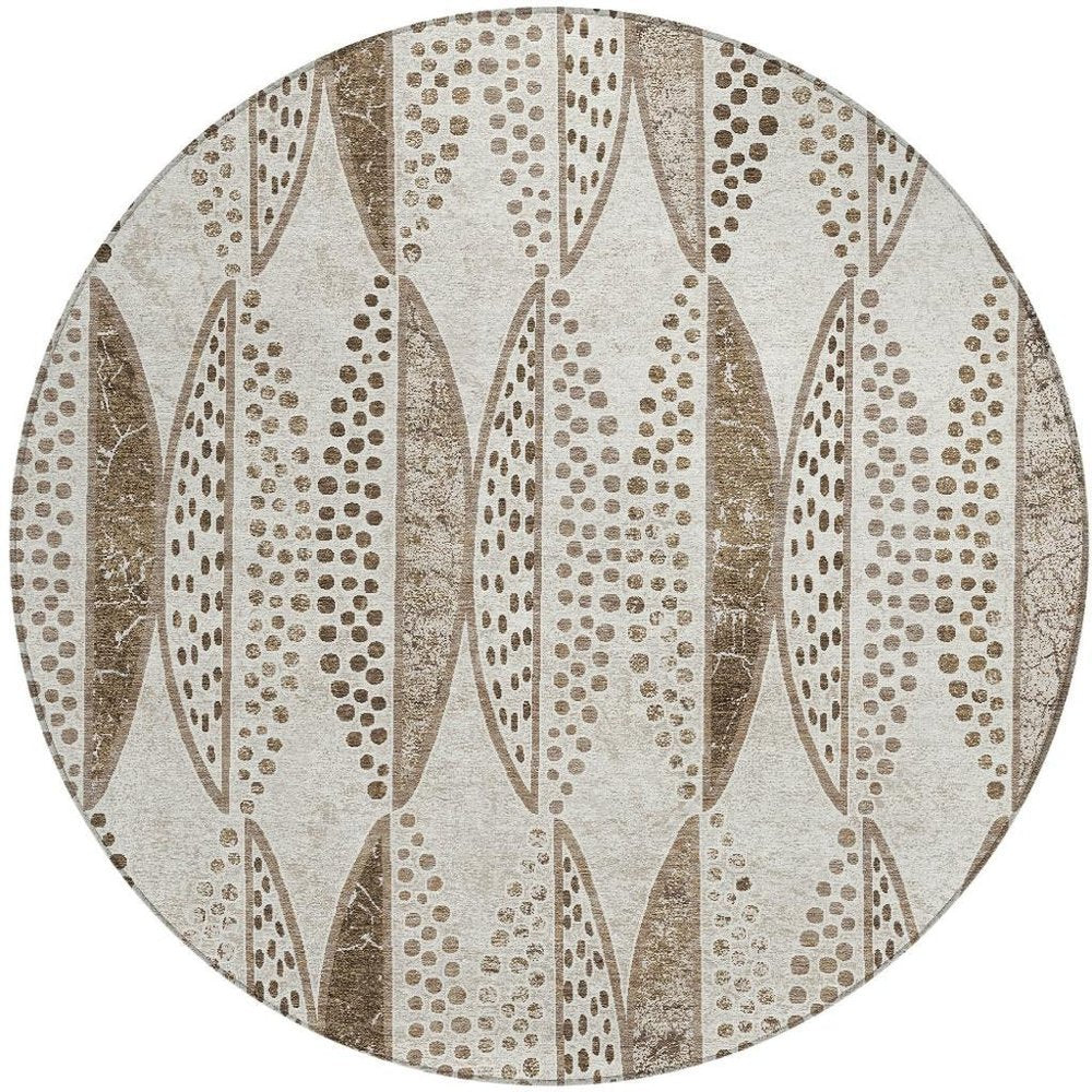 8' Beige And Blue Round Geometric Washable Indoor Outdoor Area Rug — view 7
