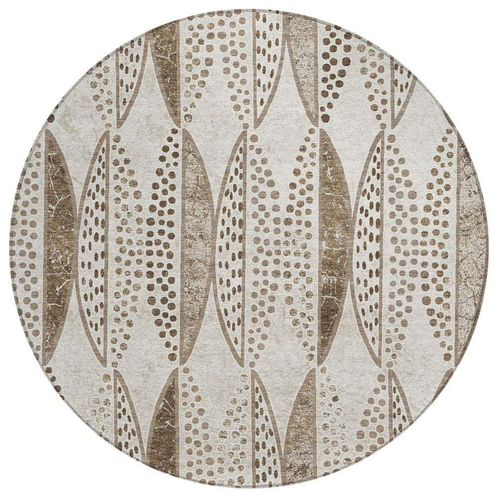 8' Beige And Blue Round Geometric Washable Indoor Outdoor Area Rug — view 1