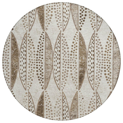 8' Beige And Blue Round Geometric Washable Indoor Outdoor Area Rug HomeRoots