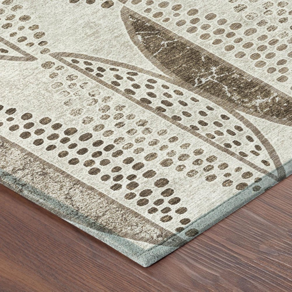 8' Beige And Blue Round Geometric Washable Indoor Outdoor Area Rug — view 2