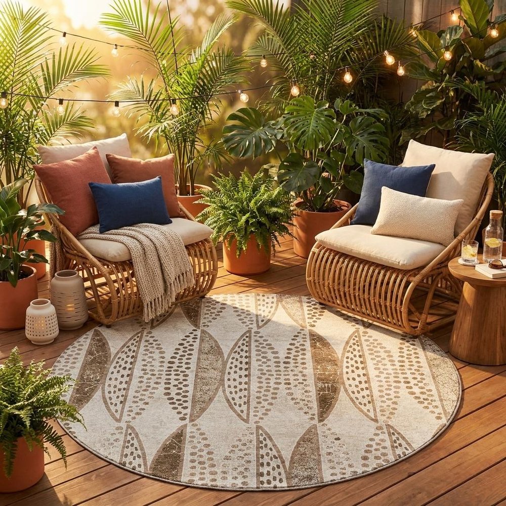 8' Beige And Blue Round Geometric Washable Indoor Outdoor Area Rug — view 5