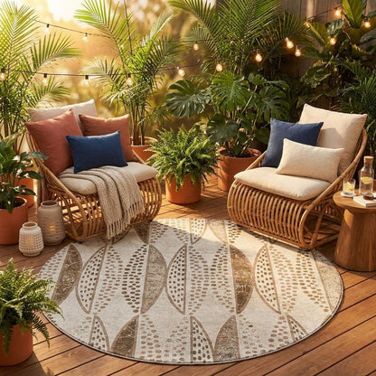 8' Beige And Blue Round Geometric Washable Indoor Outdoor Area Rug HomeRoots