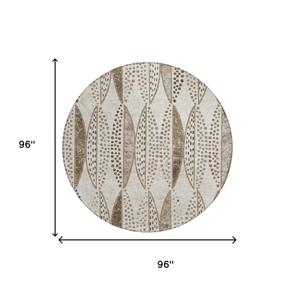 8' Beige And Blue Round Geometric Washable Indoor Outdoor Area Rug — view 4