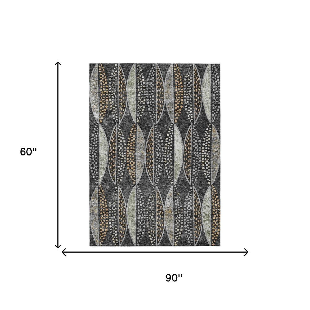 5' X 8' Black And Green Geometric Washable Indoor Outdoor Area Rug — view 3