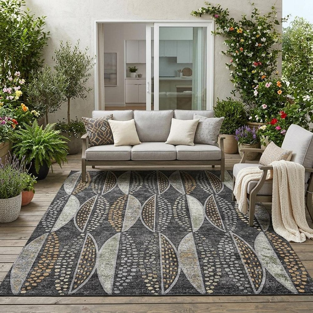 5' X 8' Black And Green Geometric Washable Indoor Outdoor Area Rug — view 4