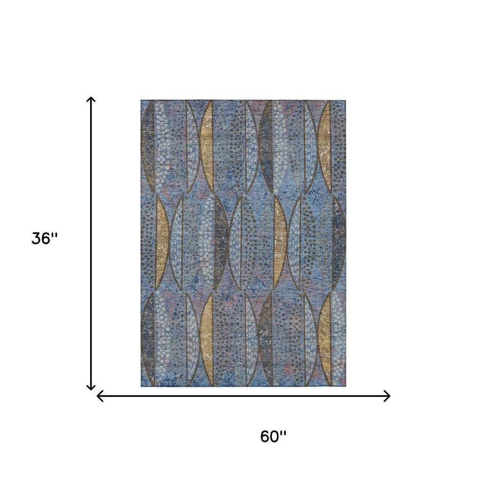 3' X 5' Blue And Brown Geometric Washable Indoor Outdoor Area Rug — view 4