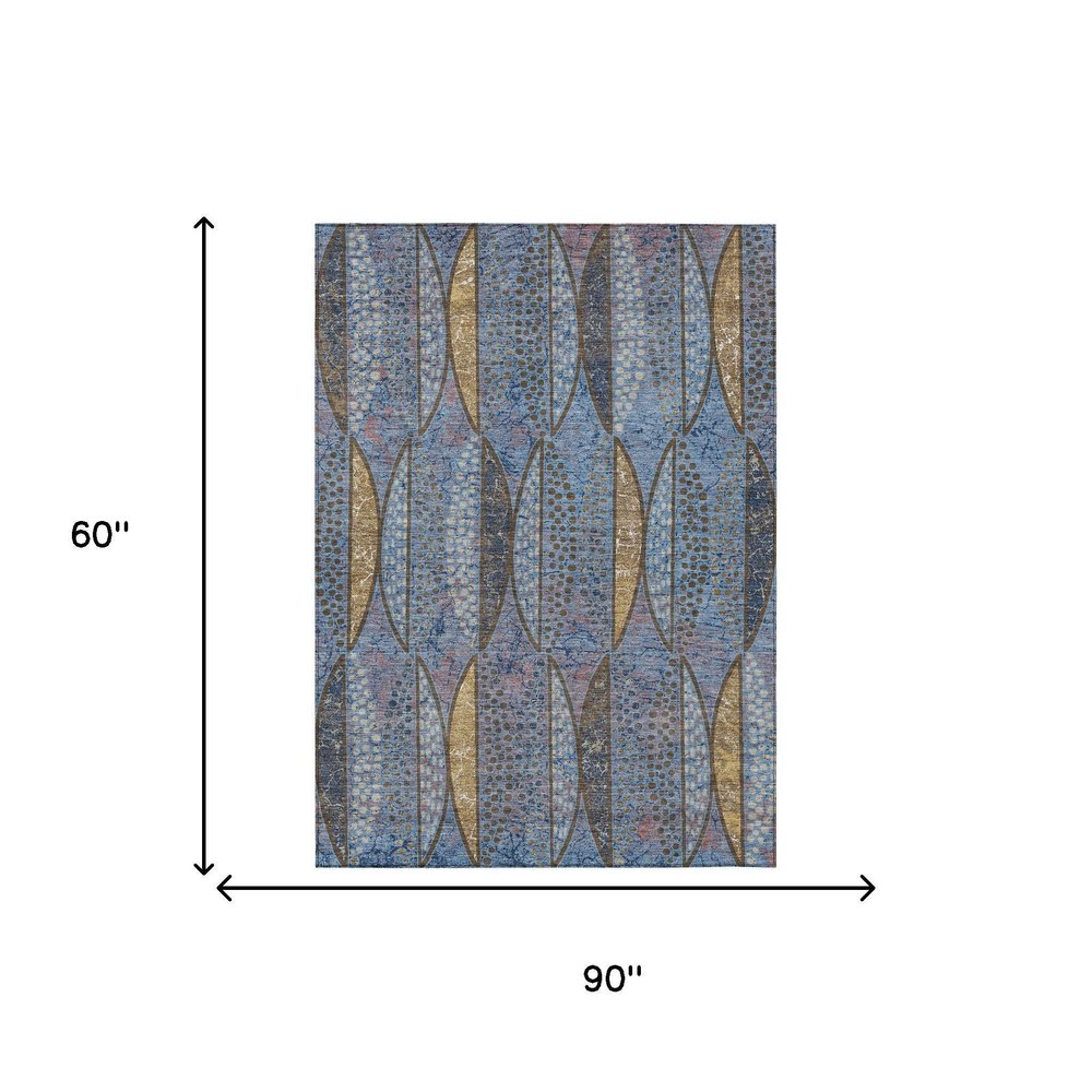 5' X 8' Blue And Brown Geometric Washable Indoor Outdoor Area Rug