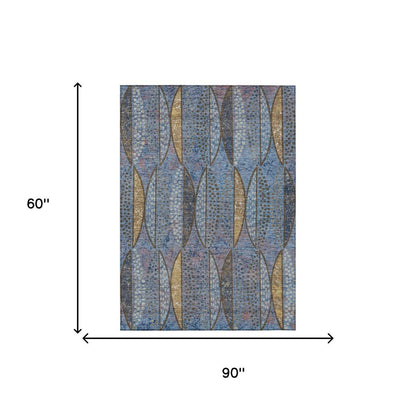 5' X 8' Blue And Brown Geometric Washable Indoor Outdoor Area Rug