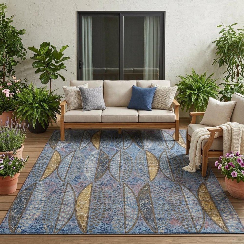 5' X 8' Blue And Brown Geometric Washable Indoor Outdoor Area Rug HomeRoots