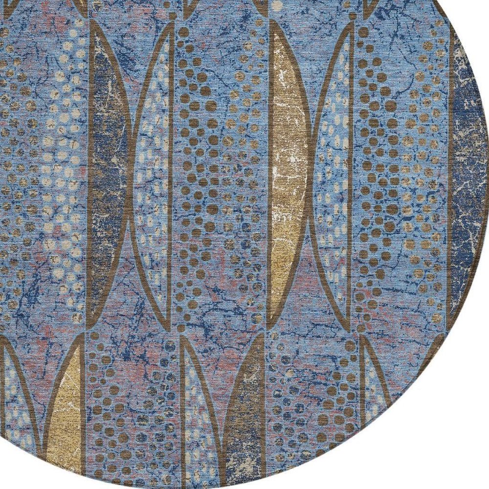 8' Blue And Brown Round Geometric Washable Indoor Outdoor Area Rug HomeRoots