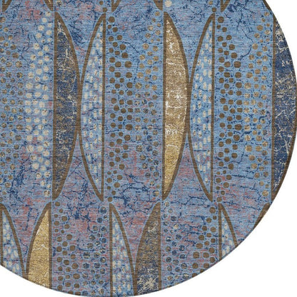 8' Blue And Brown Round Geometric Washable Indoor Outdoor Area Rug HomeRoots