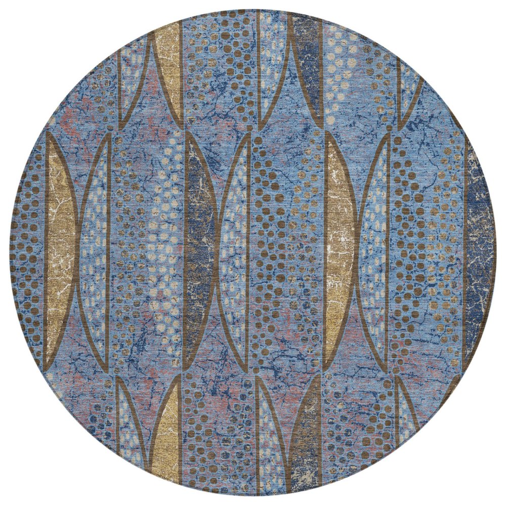 8' Blue And Brown Round Geometric Washable Indoor Outdoor Area Rug HomeRoots
