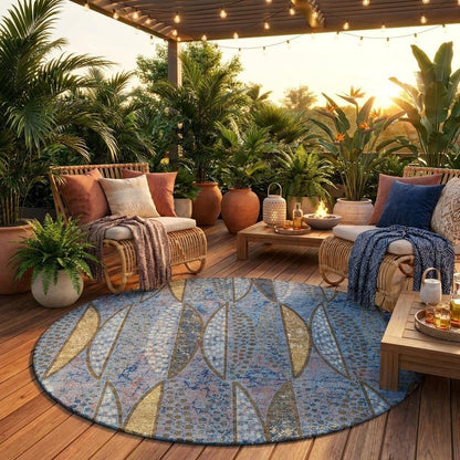 8' Blue And Brown Round Geometric Washable Indoor Outdoor Area Rug