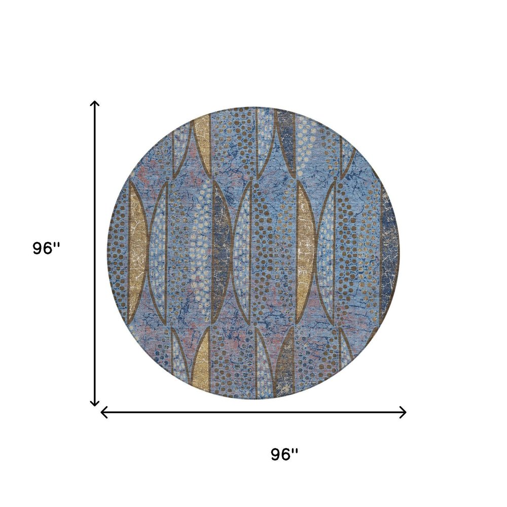 8' Blue And Brown Round Geometric Washable Indoor Outdoor Area Rug HomeRoots