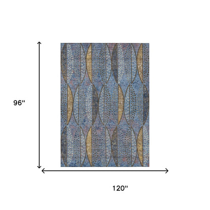 8' X 10' Blue And Brown Geometric Washable Indoor Outdoor Area Rug