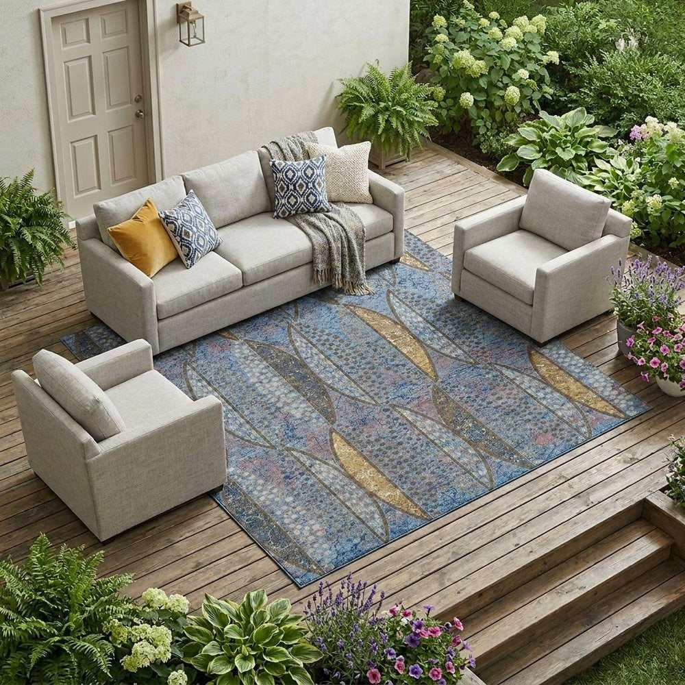 9' X 12' Blue And Brown Geometric Washable Indoor Outdoor Area Rug — view 5
