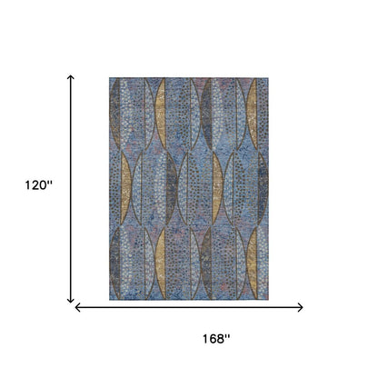 10' X 14' Blue And Brown Geometric Washable Indoor Outdoor Area Rug